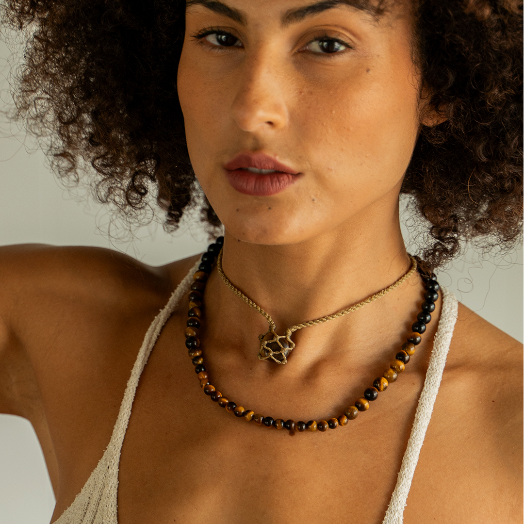 Tigers Eye Tumble Stone Net Cord Necklace Tan