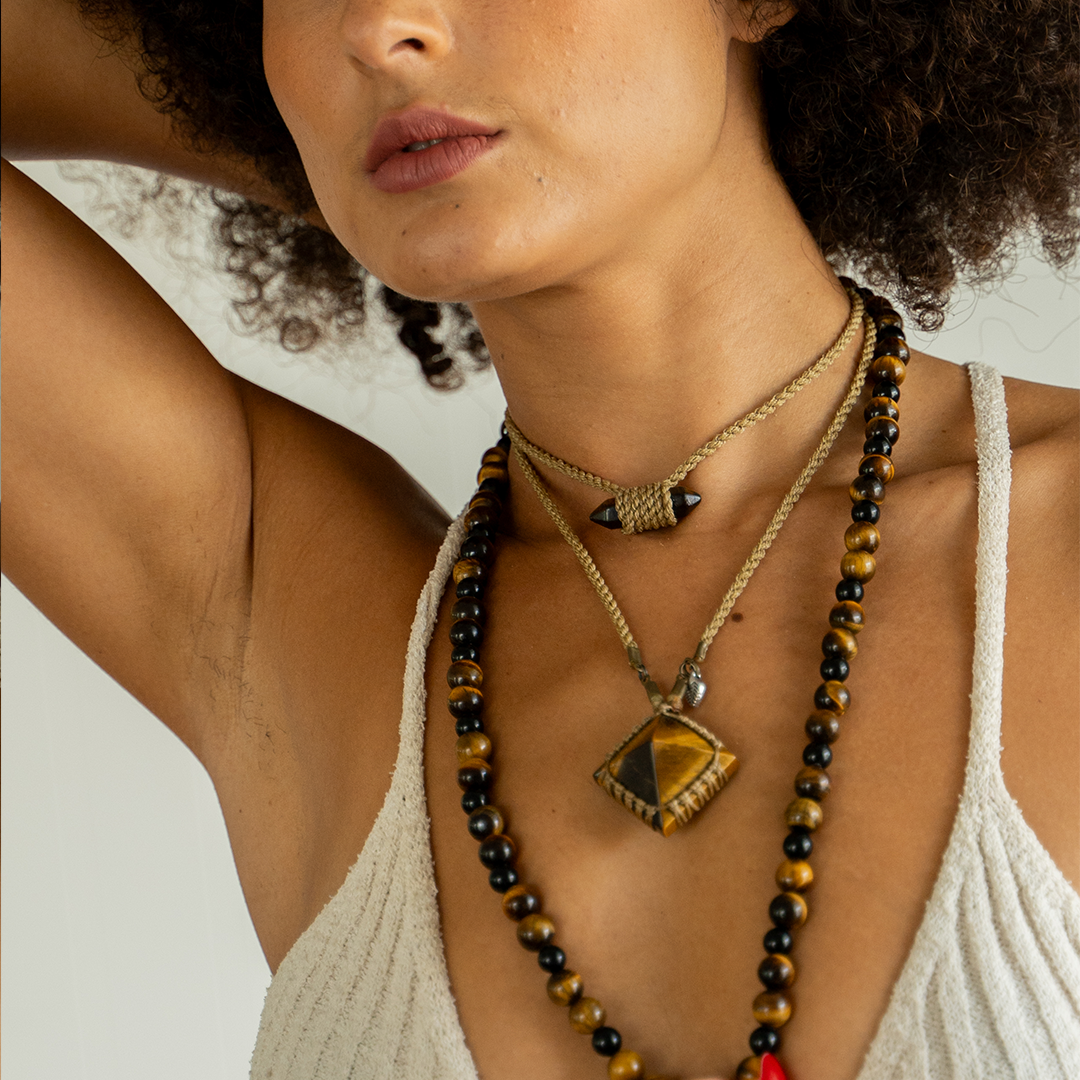 Tigers Eye Wrap Choker Cord Necklace Tan