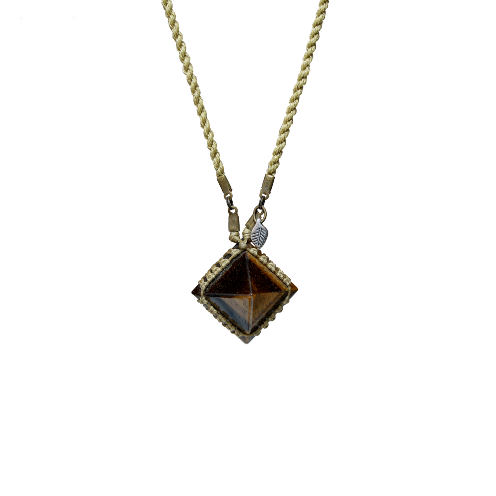 tiger eye crystal pyramid necklace product photo with a white background